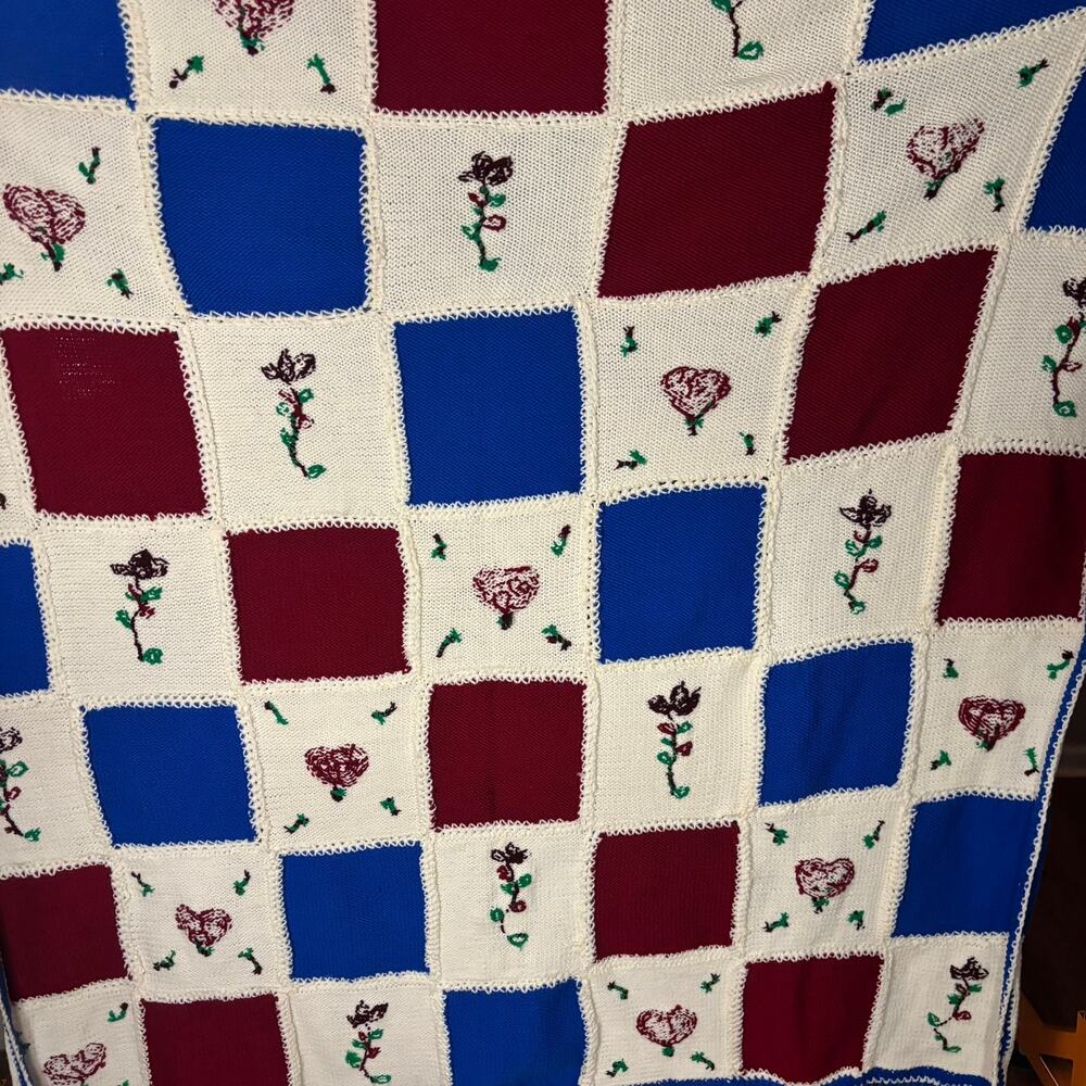 Vintage Hand Knit Afghan Patchwork Blanket Heart Rose Sampler Fringe Throw Large
